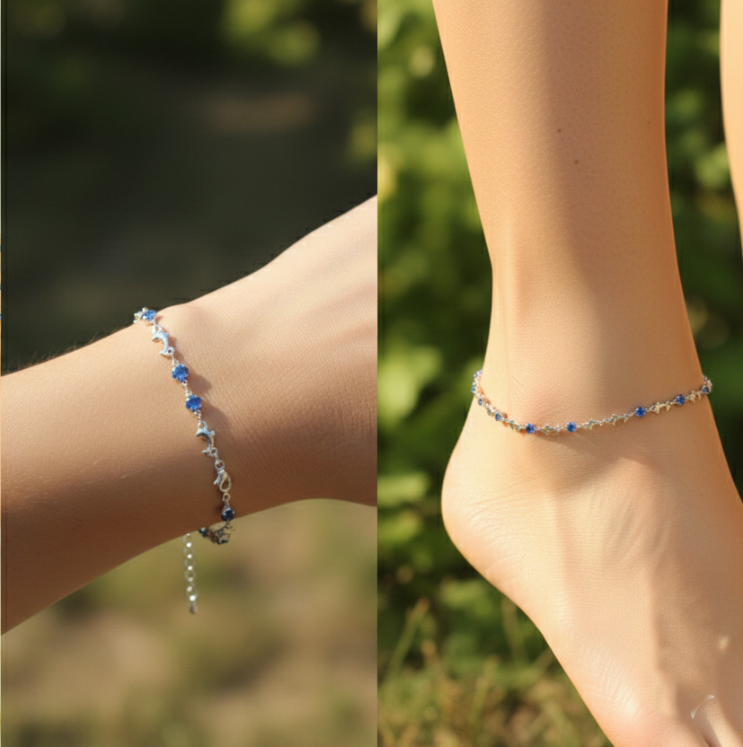 Elegant Silver-Plated Anklet with Blue Beads Minimalist Delicate Chain Anklet