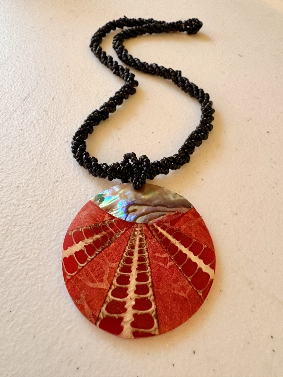 Abalone Shell Mosaic Iridescent Seed Beads Large Round Disc Pendant Necklace