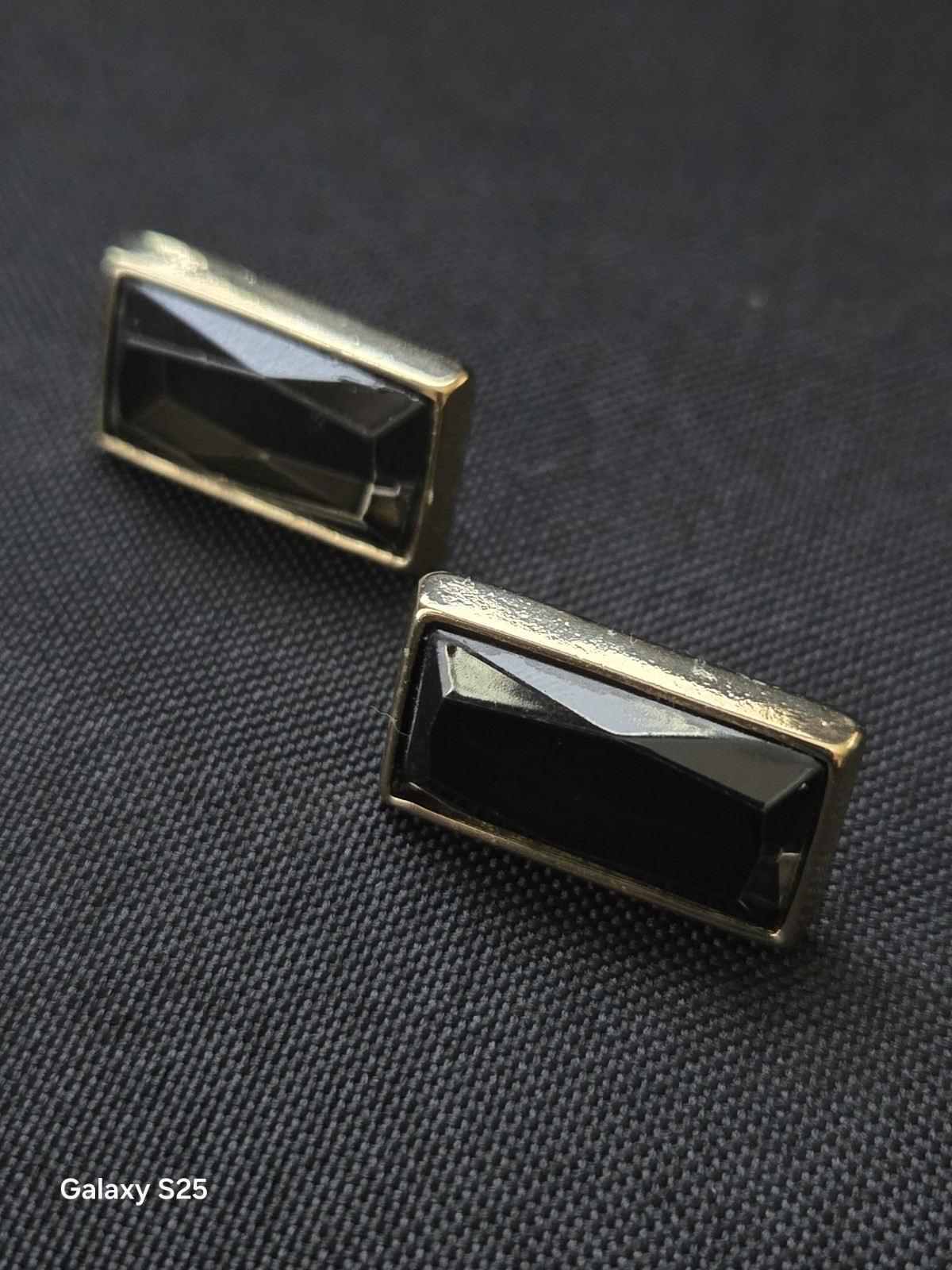 womens Earrings Stud Rectangle Black stone Gold Tone Bezel Butterfly Clasp