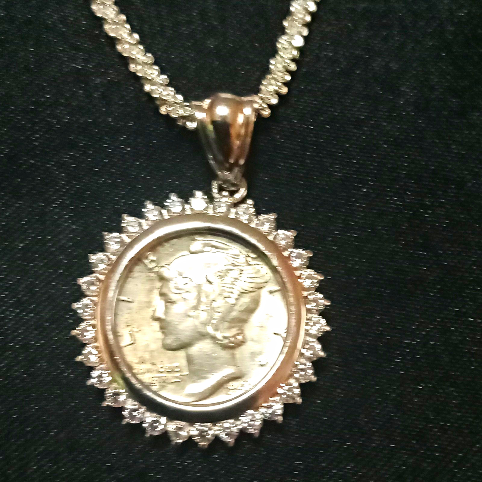 Sterling Silver Coin Pendant Chain Necklace, Mercury Dime Design, Halo Setting