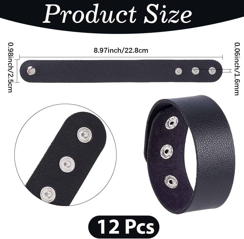 12PCS 8.98 X 0.98 Inch PU Leather Bracelet Blanks Adjustable Plain Wristband Bul