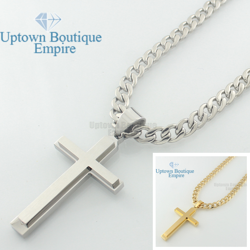 18-36″men stainless steel Plain Silver/Gold Plated cross pendant Cuban Necklace