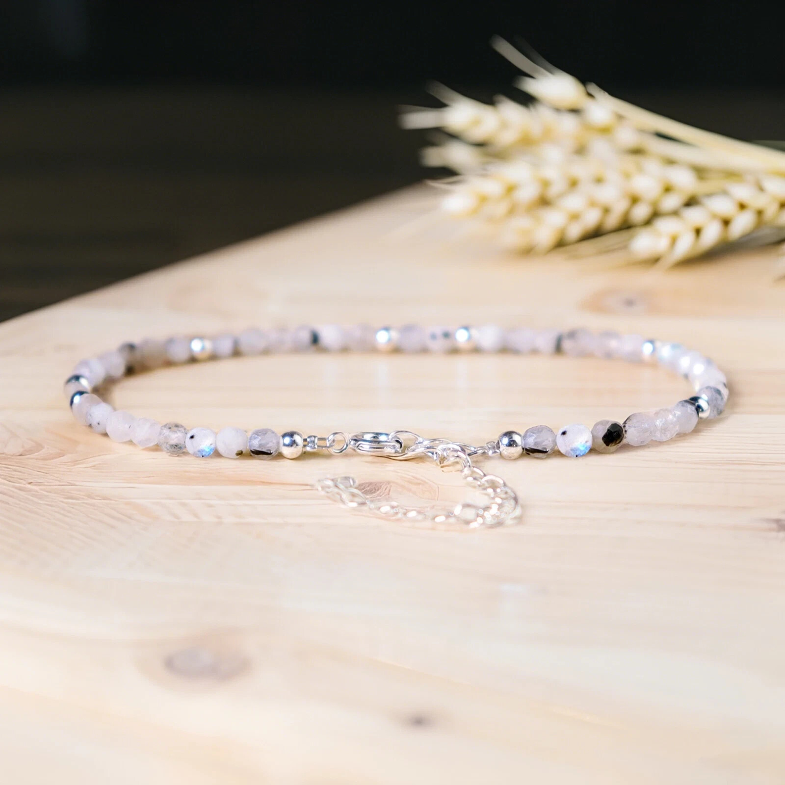 Rainbow Moonstone Crystal Gemstone Dainty Bracelet Minimalist 3mm Faceted Beads