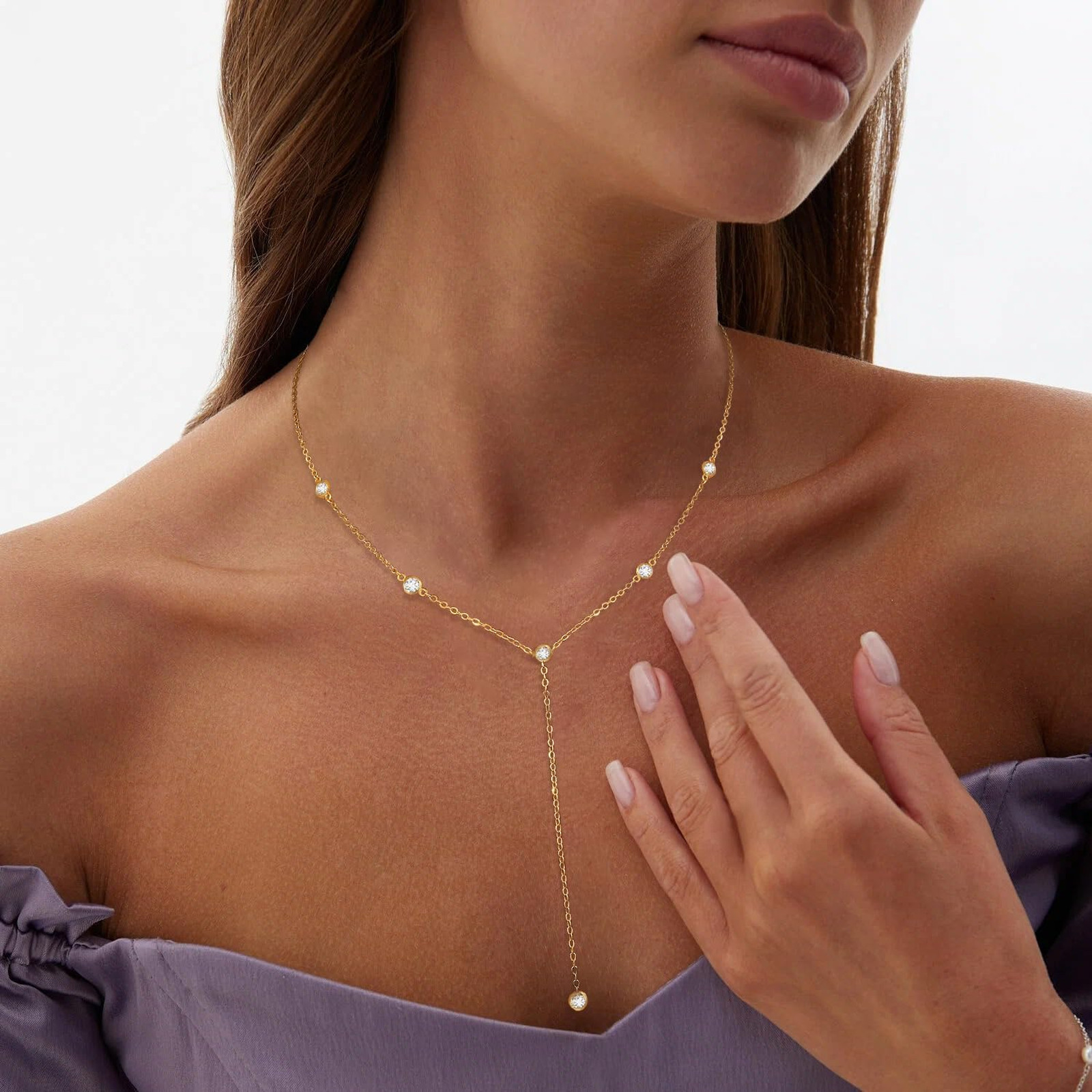 Women’s Gold Necklace, Dainty Long 14k Gold Plated Lariat Necklace, 16.5 Inch