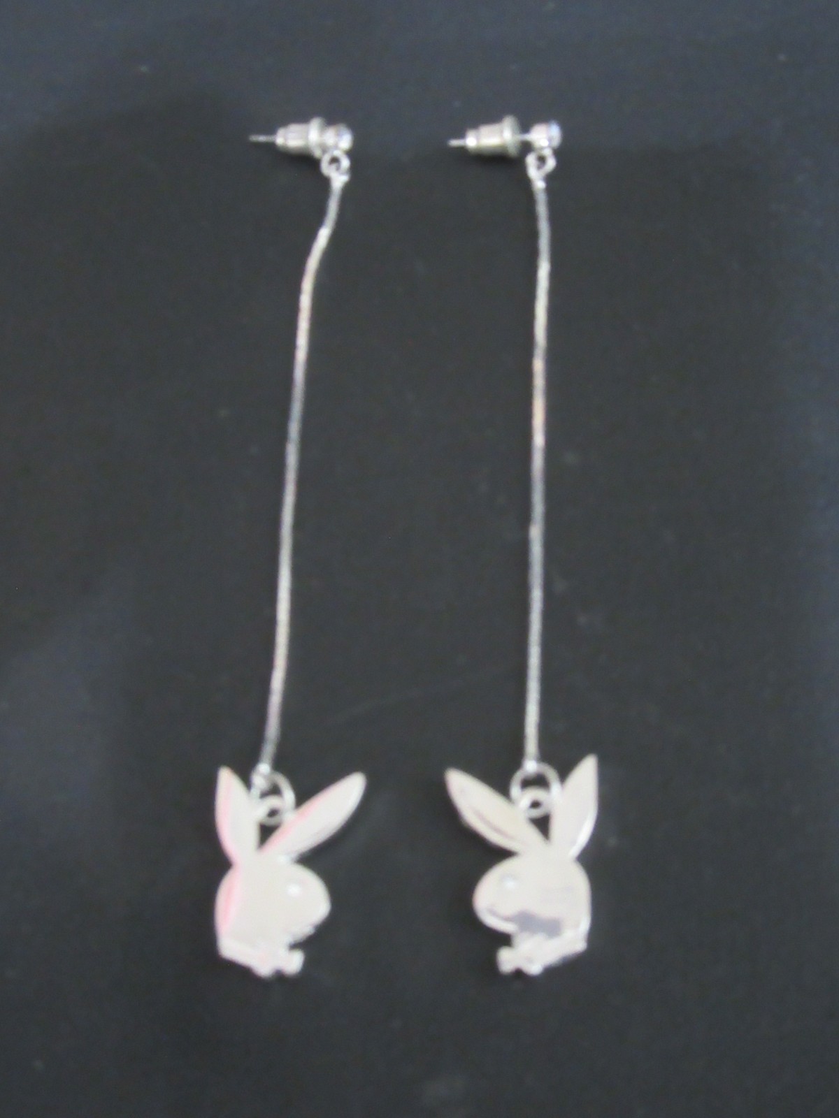 Playboy Bunny Long Threader Dangle Earrings Silver Tone Rhinestone Y2K
