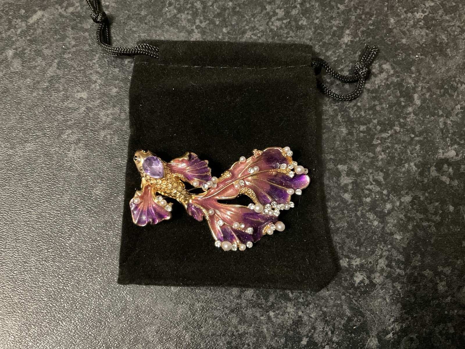 Goldfish Brooch Purple Enamel, Faux Pearl Vintage Inspired Jewellery Gift 5cm