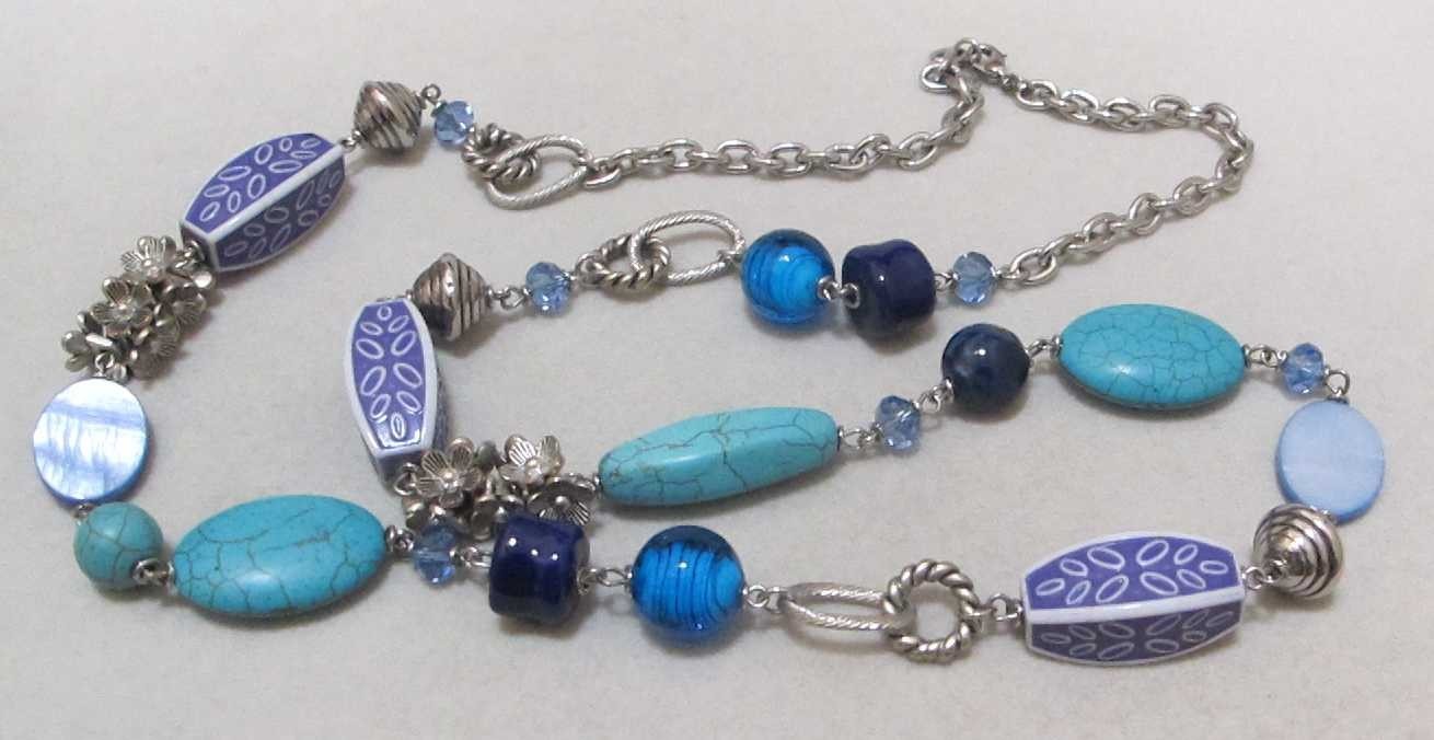 PREMIER DESIGNS “Blue Lagoon” Silver Tone Howlite, Acrylic, Glass 36” Necklace