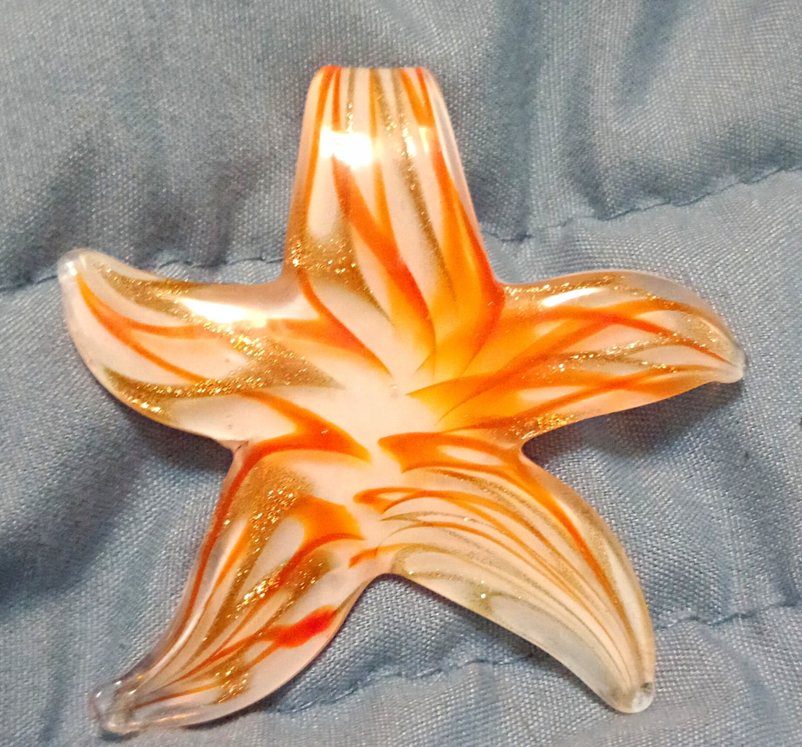 Starfish Glass Charm Pendant, Orange White Gold Swirl, Sea Life Beach Theme