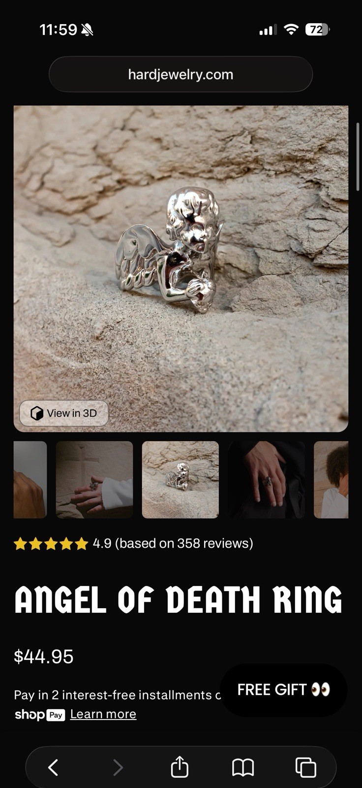 hard jewelry solid Stainless Steel Angel of Death Ring Size 7
