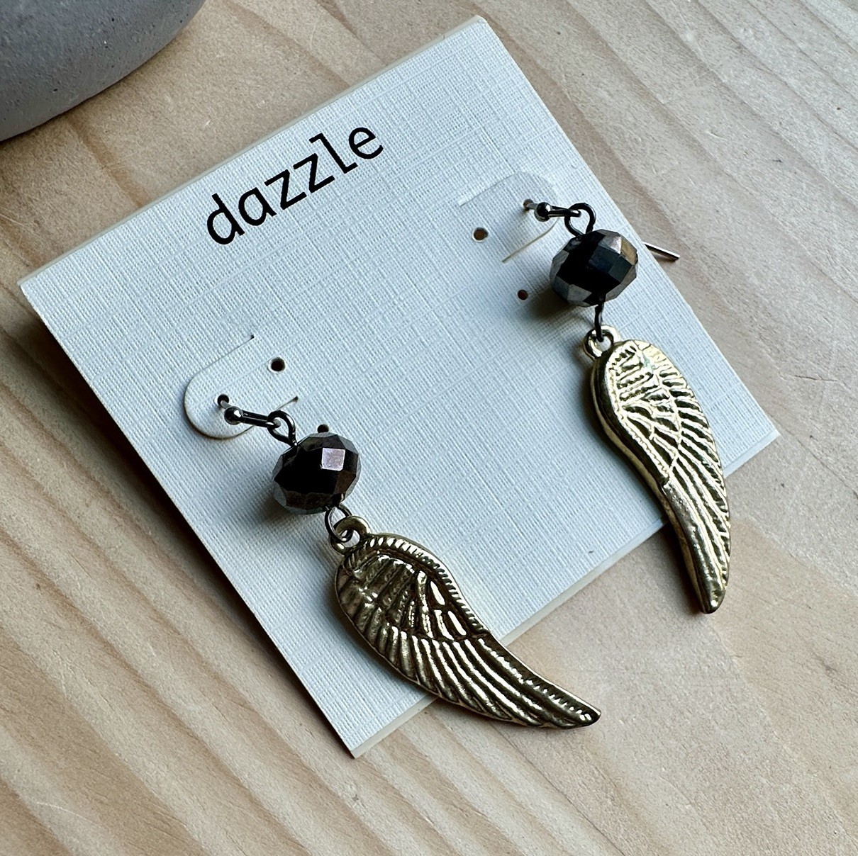 Angel Wing Earrings 2 Inch Dangle Hook Closure Smoky Glass Bead Whimsical NOS