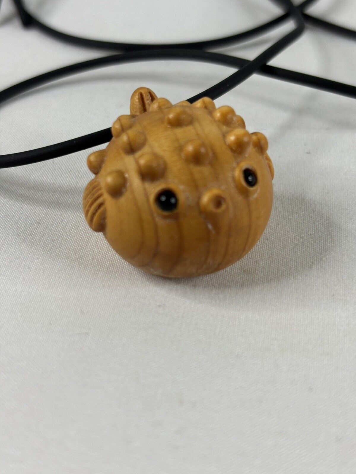 Puffer Fish Tiki Necklace Wood with Black Eyes 1″ Black Cord Surfer Beach Cute