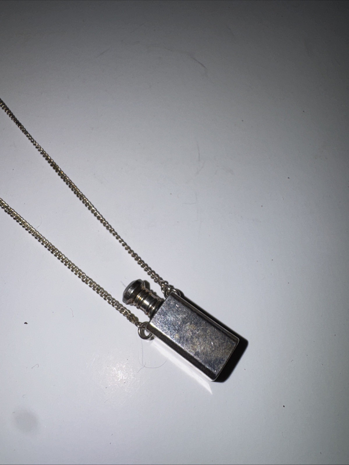 Vintage silver tone rectangular perfume pendant box chain necklace metal fashion