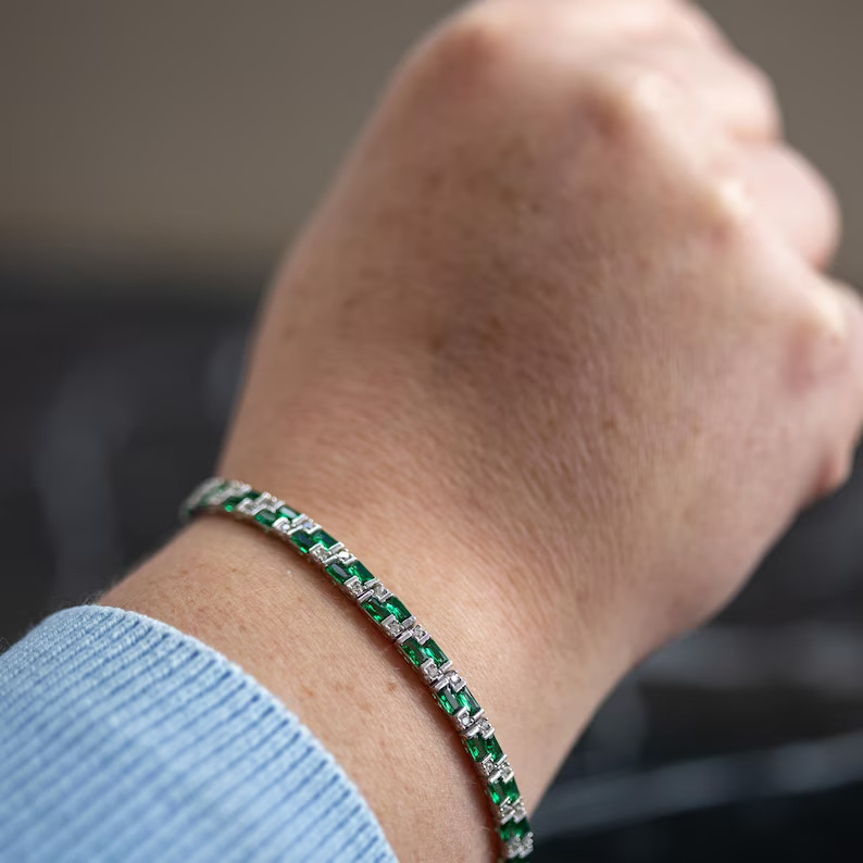 8.70 CT Baguette Simulated Emerald Elegant Tennis Bracelet 14k White Gold Plated