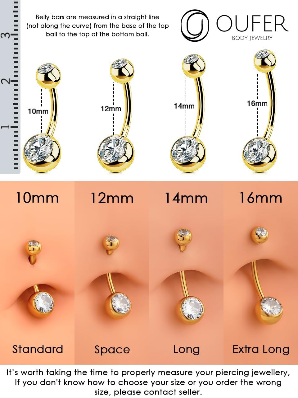 OUFER Gold Belly Button Rings, 316L Surgical Steel Internally 1.6*16mm,