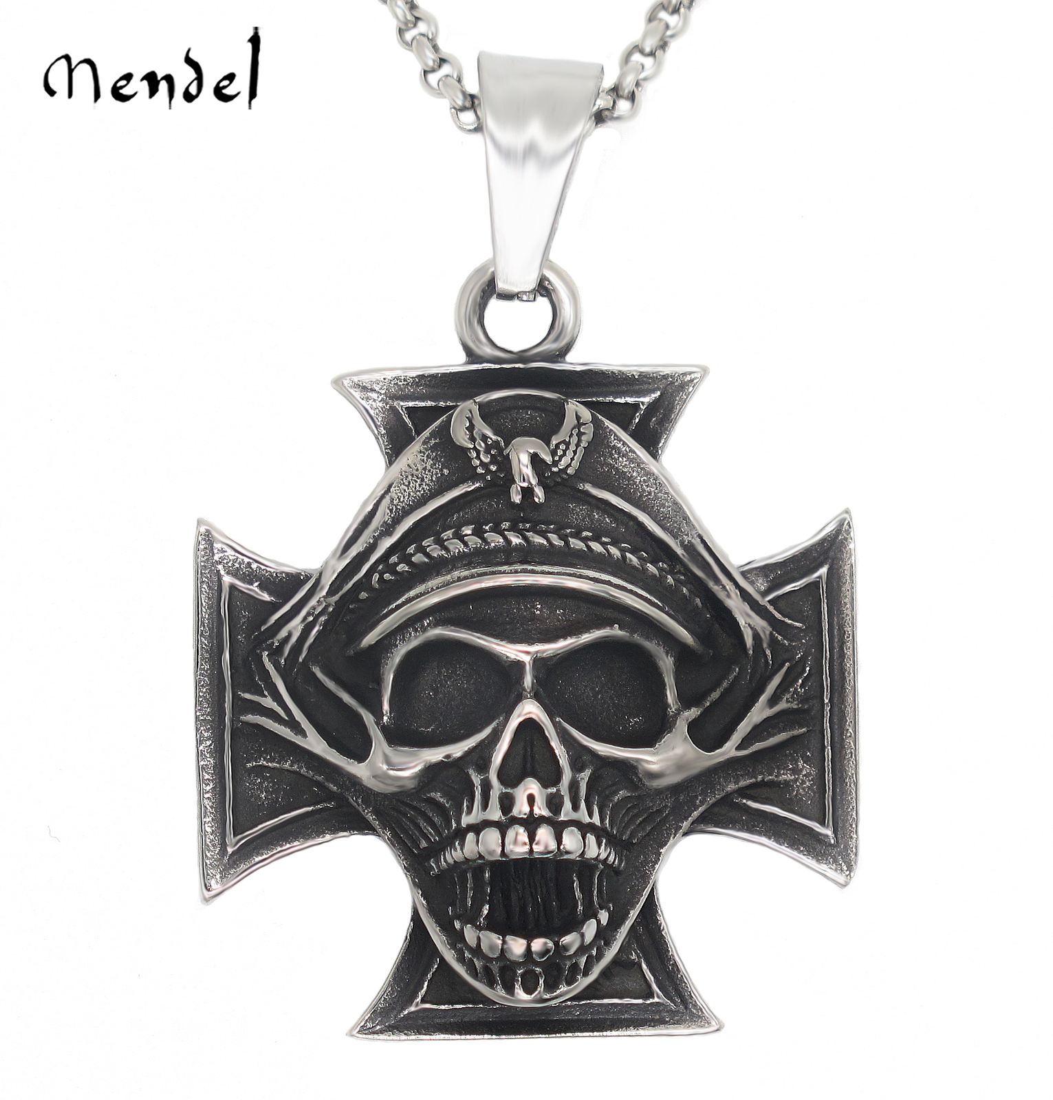 MENDEL Mens WW2 Officer Skull Iron Cross Pendant Necklace Chain Stainless Steel