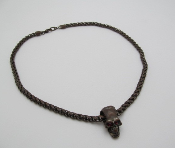 Vintage Antiqued Brass Metal Foxtail 5mm Chain Red Eye Crystal Skull Necklace