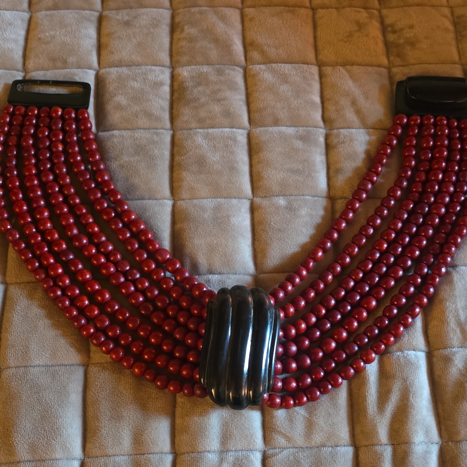 Signed Red/Black Multi-Strand Round Beaded Statement Necklace, Philippines