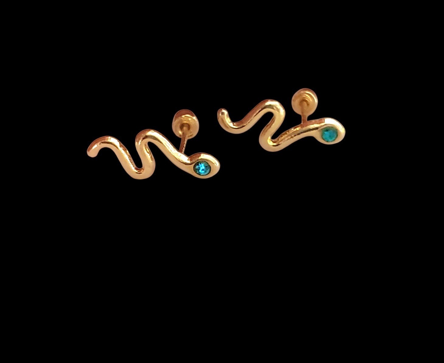 14K Solid Gold Dainty Snake Stud Earrings W/ Esmerald CZ Eye Design 8.0mm ~ New