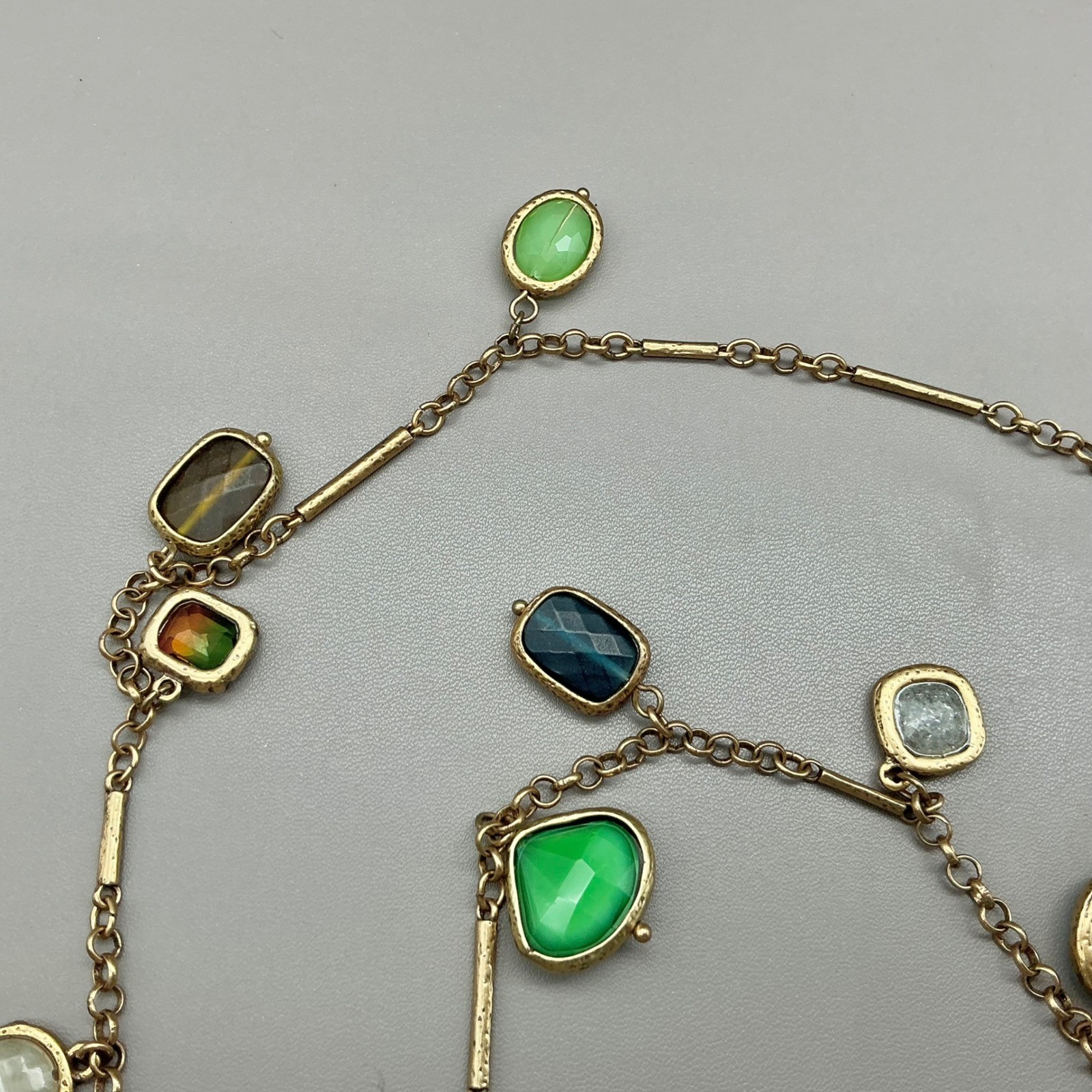 Chico’s Necklace Gold Tone Multicolor Faux Stone Station Chain Statement 34″