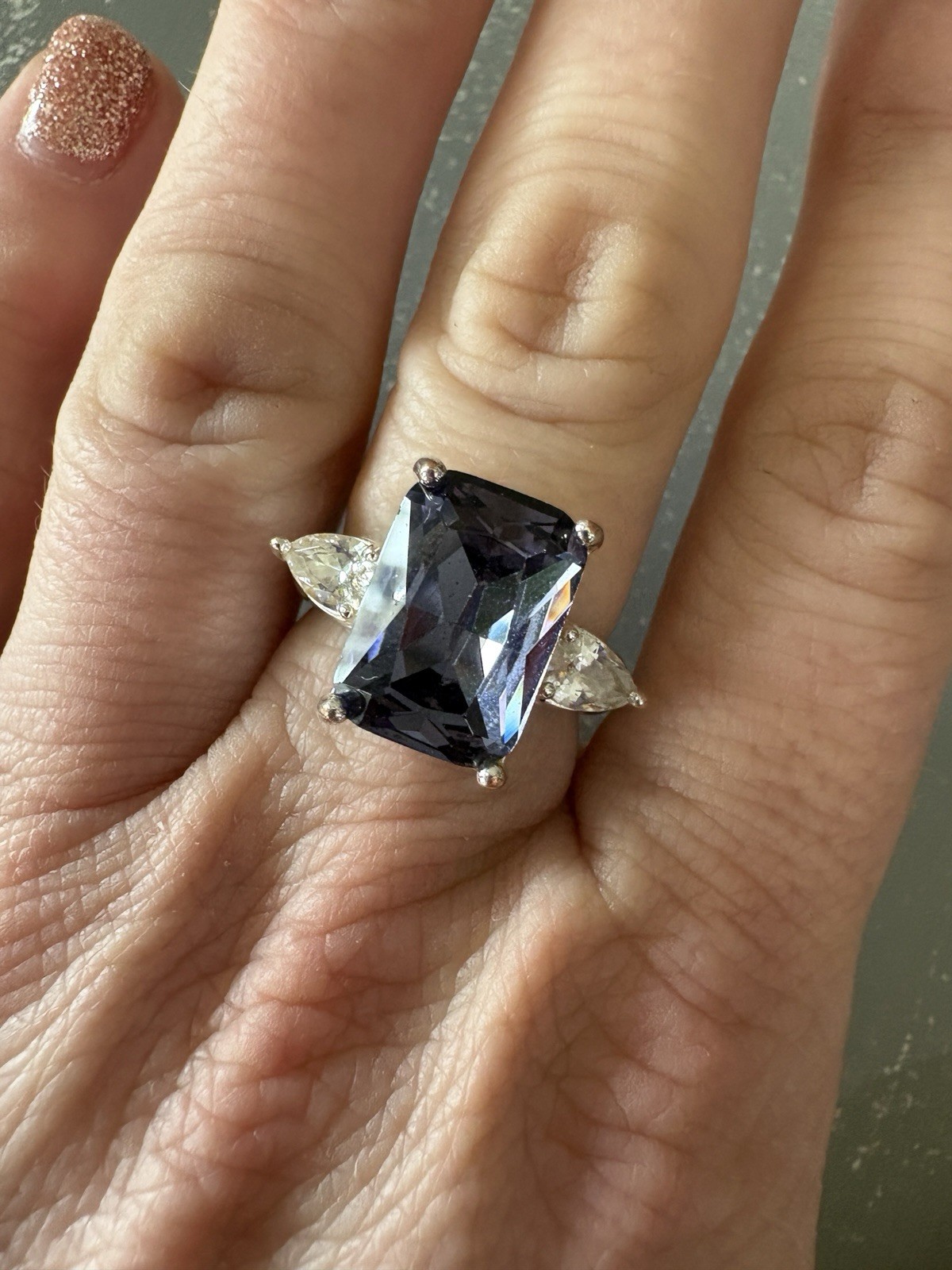 Silver Tone Emerald Cut Blue Purple Cocktail Ring Size 6.5