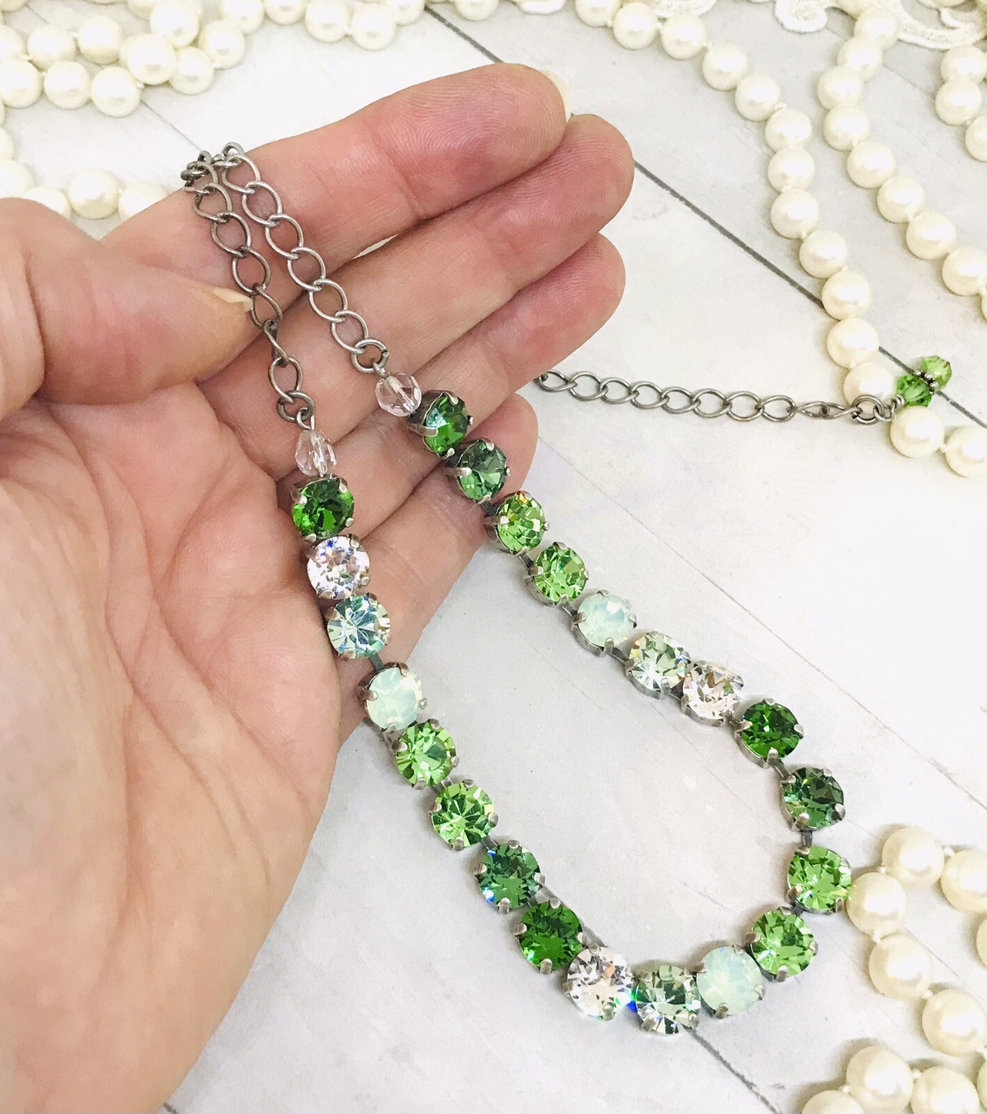 Mint GREEN Cup Chain Necklace with Crystal Elements GREEN CRYSTAL NECKLACE