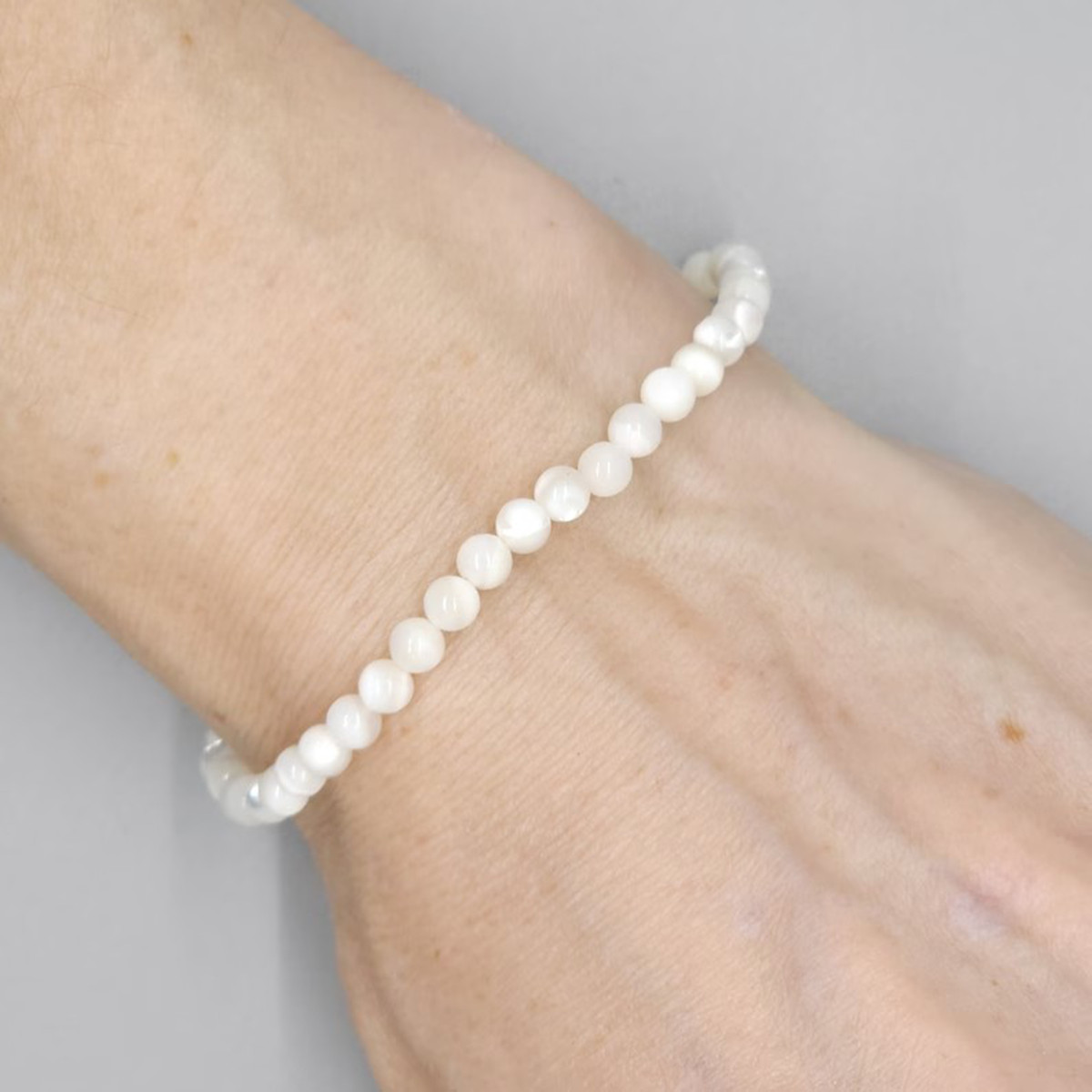 Handmade Mother of Pearl Elastic Stretch Bracelet – 4mm Round Gemstone Bead