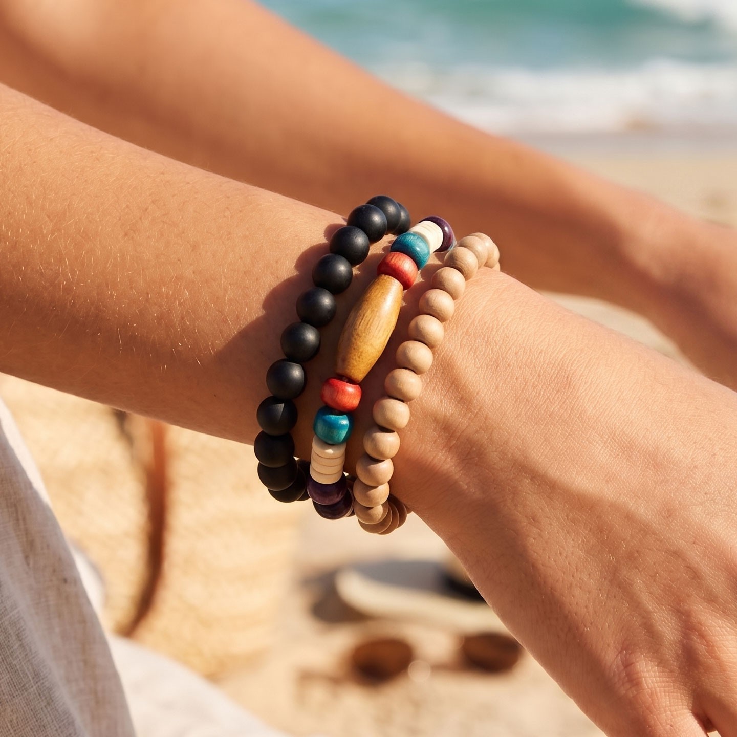 Boho Wood Bead Bracelet Set 3pc Stretch Stack Unisex Men Women Beach Yoga