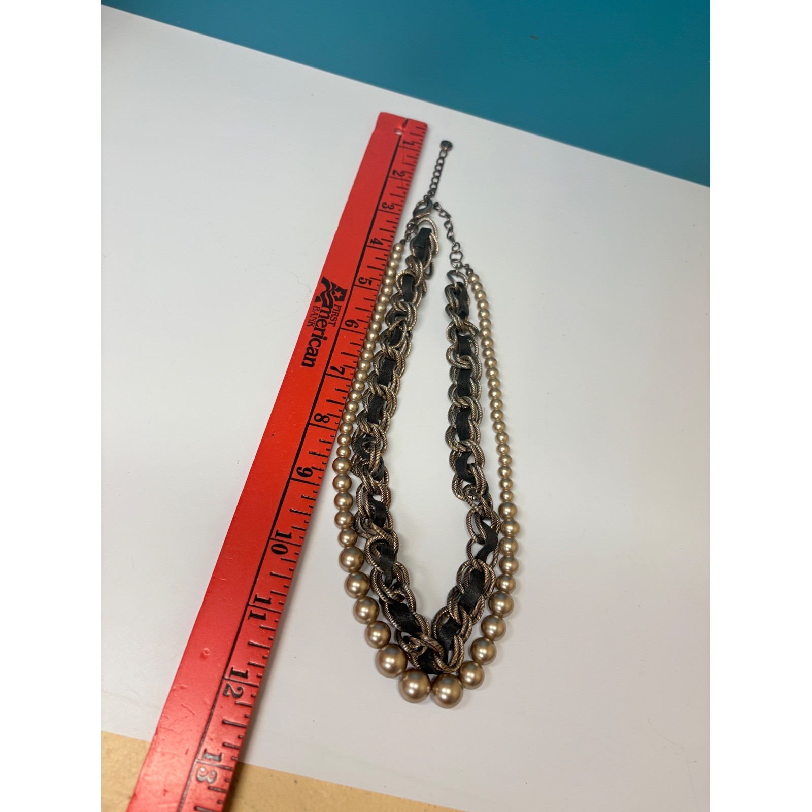 Loft Chunky Multi Strand Necklace Gold Tone Chain Faux Pearl Leather Statement