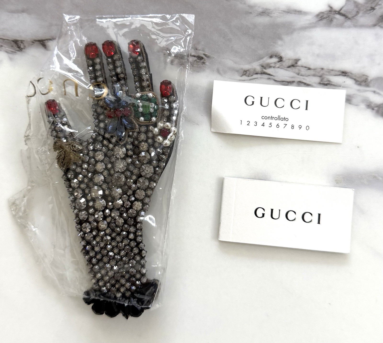 Gucci Black Multicolor Crystal Embellished Right Hand Figure Brooch Pin MSRP$980