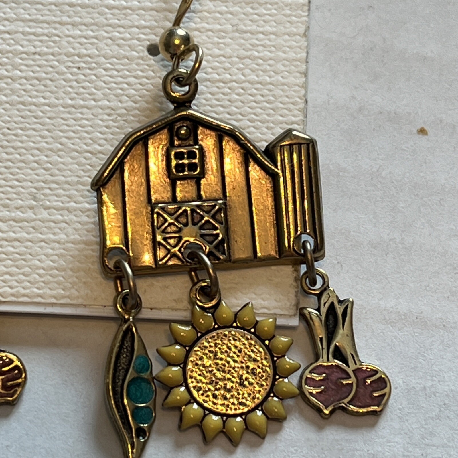 Unique 1/20 14k GF Barn Charm Earrings With Pea, Sunflower & Beet Charms 1.875”