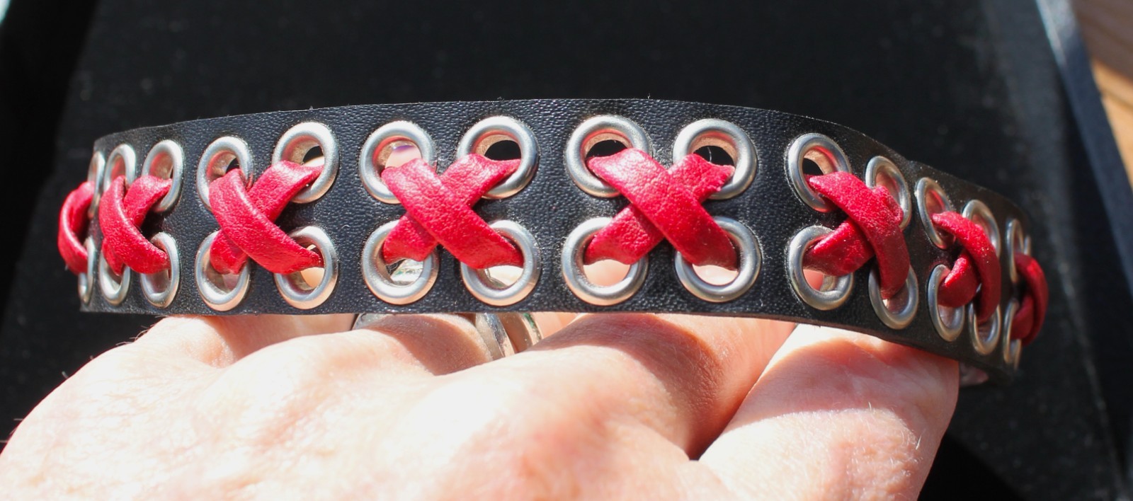 Black Leather Like Choker Red/Black 13″ – 14 1/2″ Bought years ago, KISS Concert