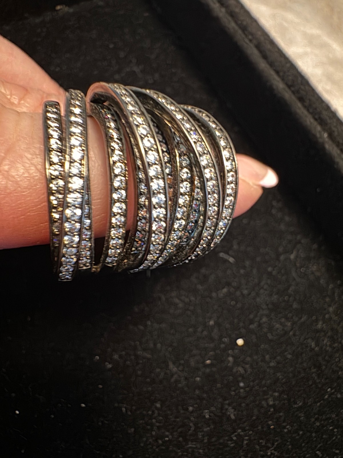 Swarovski Cocktail Ring Crystal Gunmetal Silver Wrap Crisscross, size 10.5