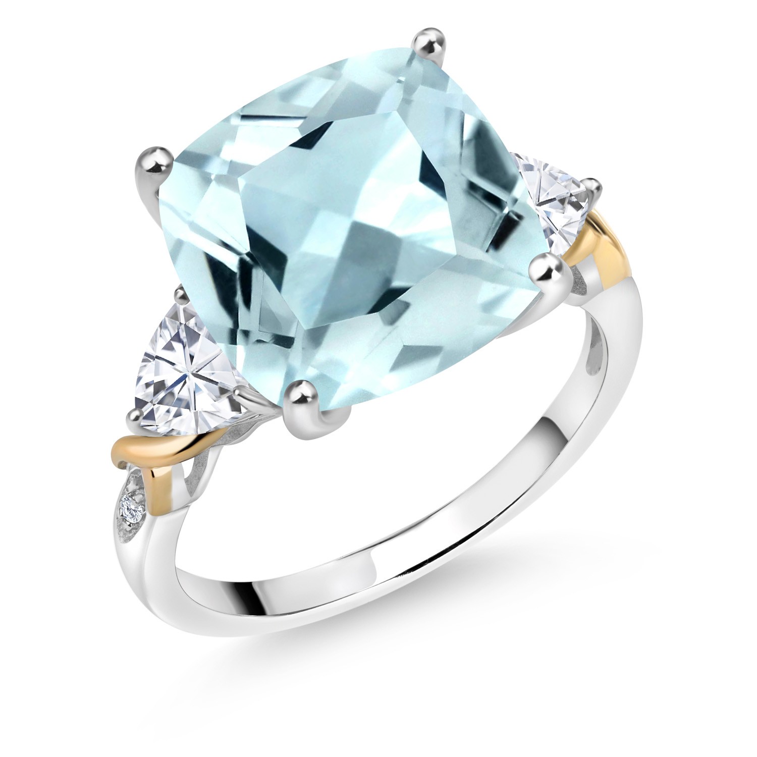 925 Silver and 10K Yellow Gold Ring Simulated Aquamarine Moissanite (6.95 Cttw)