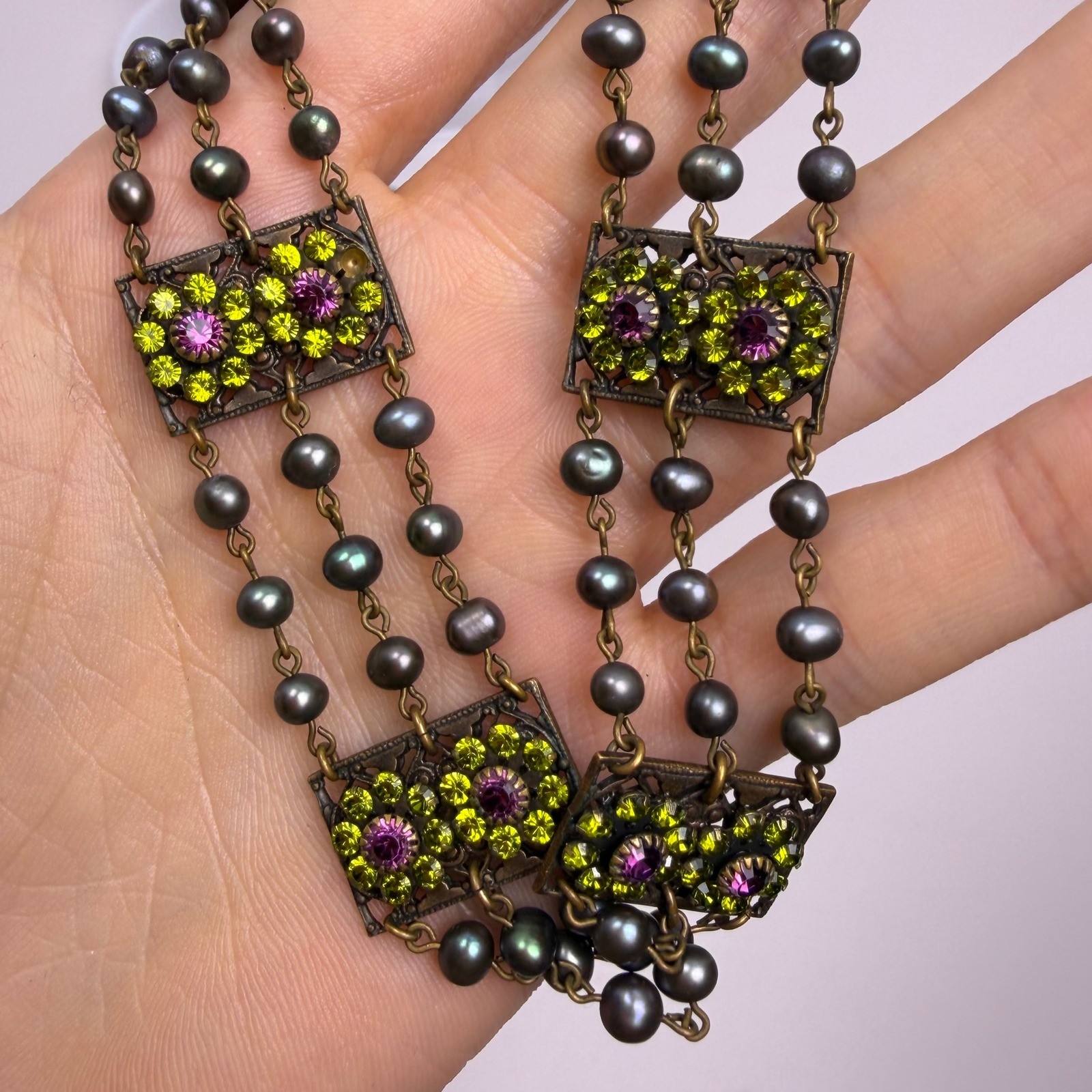 Liz Palacios Vintage Boho Victorian Womens Multi Strand Pearl Crystal Necklace