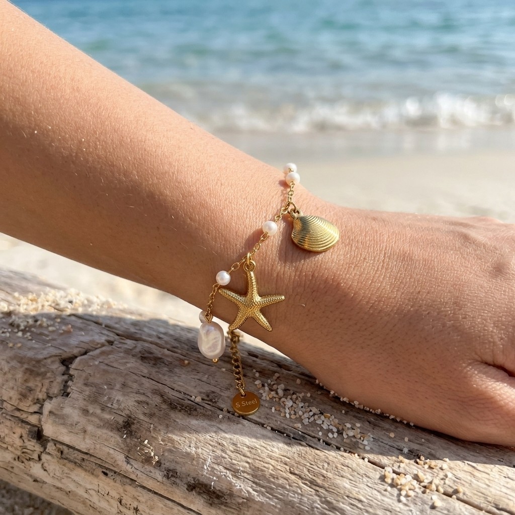 Gold Plated Starfish Shell Pearl Bracelet Adjustable Ocean Theme Chain Jewelry