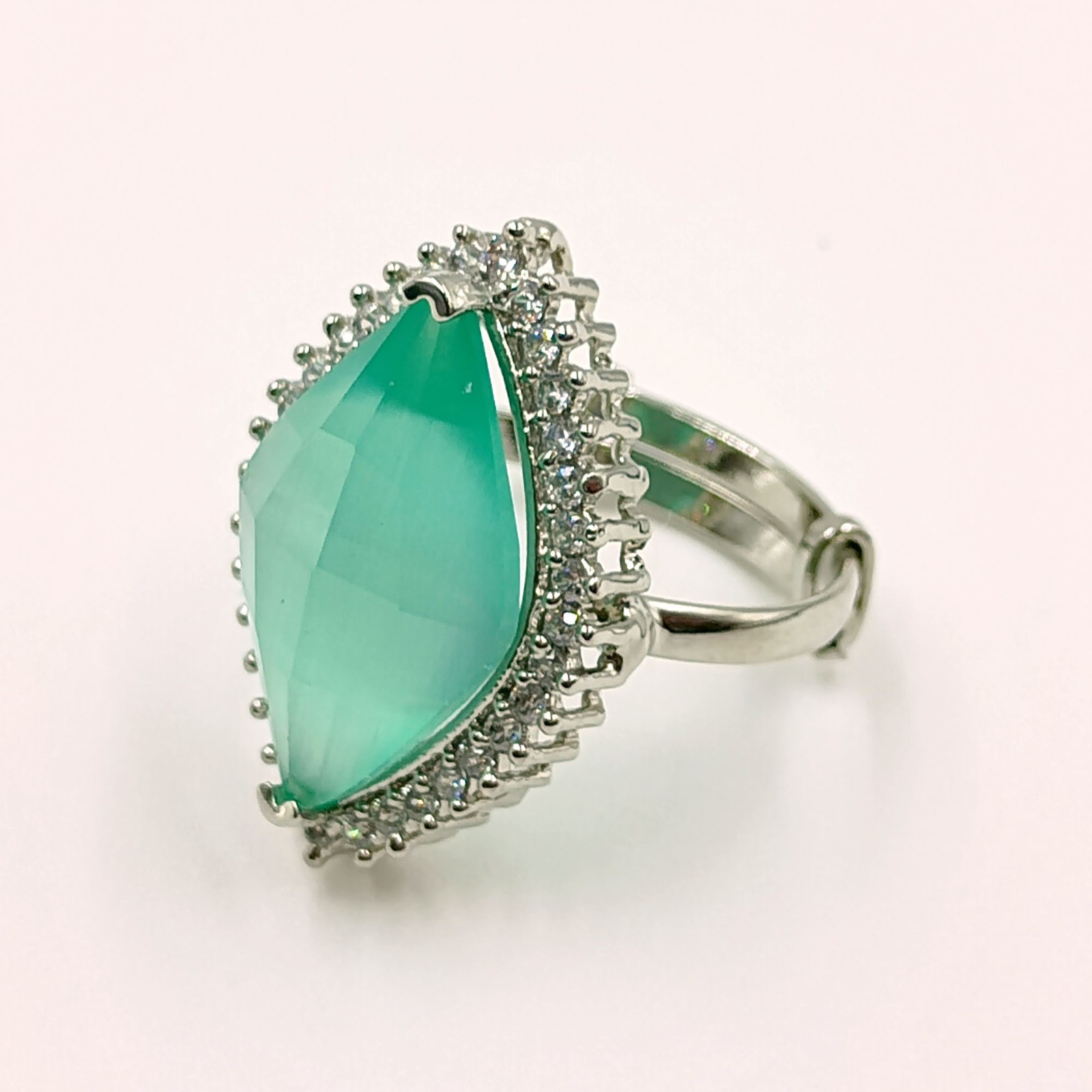 Aqua Chalcedony Marquise Ring Adjustable White Plated Statement CZ Jewelry