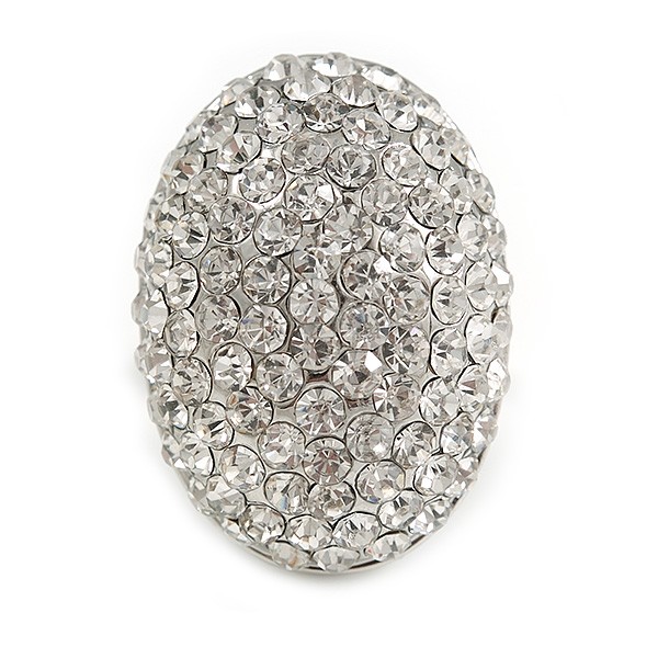 Oval Dome Shape Clear Crystal Ring In Silver Tone Metal – 30mm Long – 7/8 Size