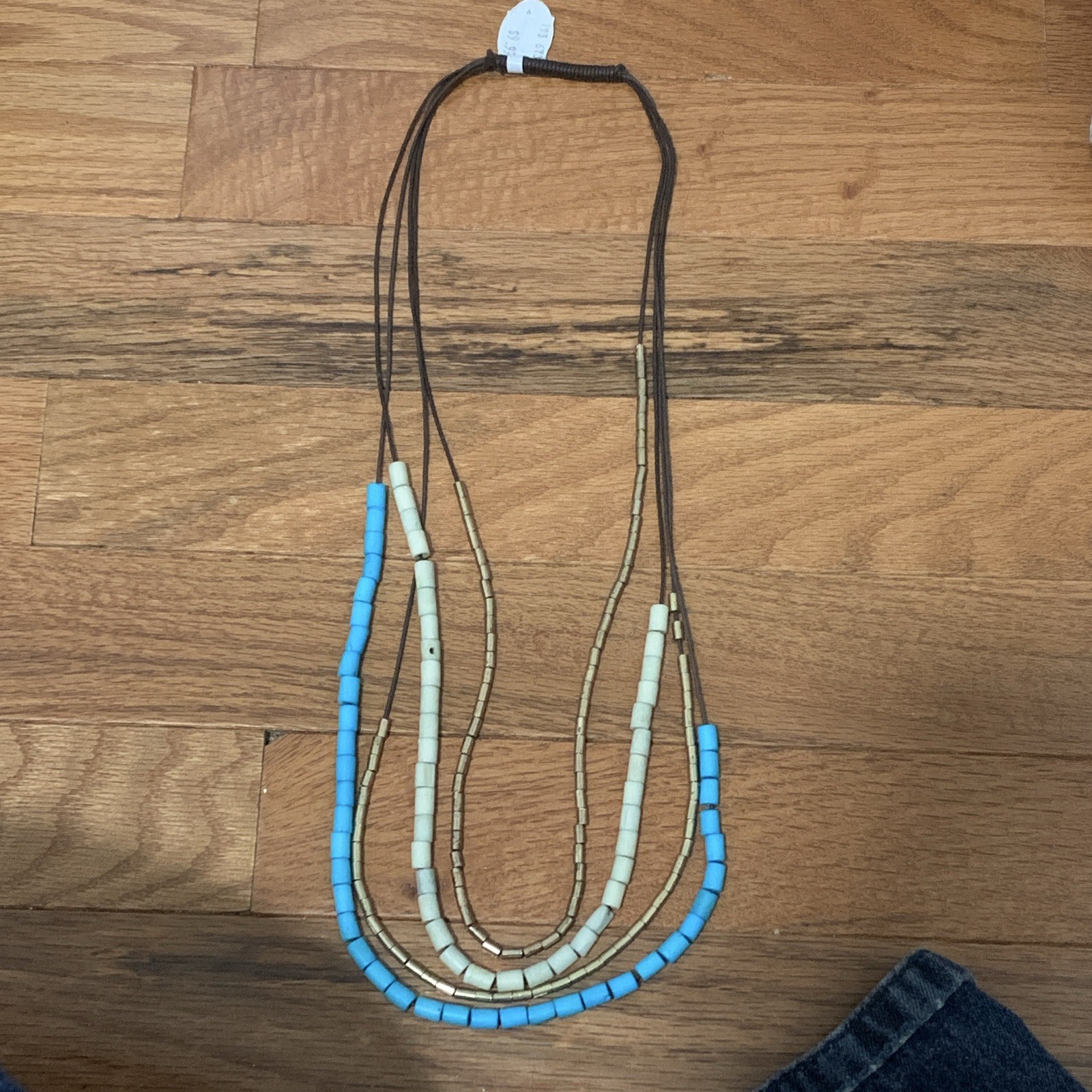 Layered Beaded Cord Necklace Blue White Brown Beads on Brown Cord Chain