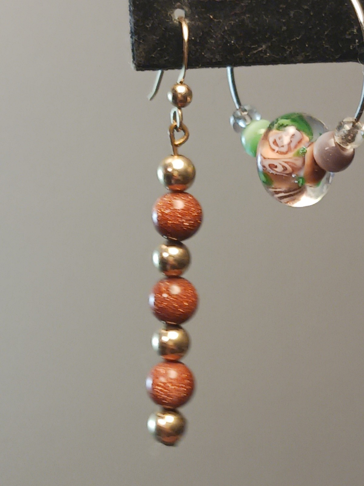 Goldstone Glass Earring Lot, Very Pretty, Glass Floral Bead Hoop, Golden Drop