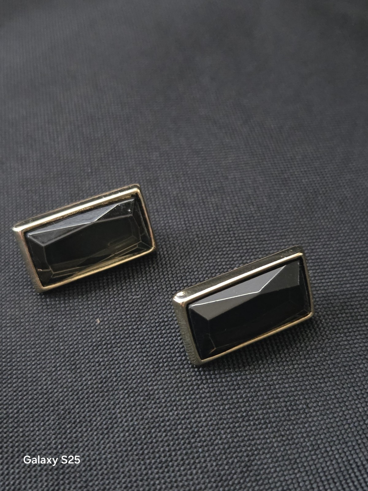 womens Earrings Stud Rectangle Black stone Gold Tone Bezel Butterfly Clasp