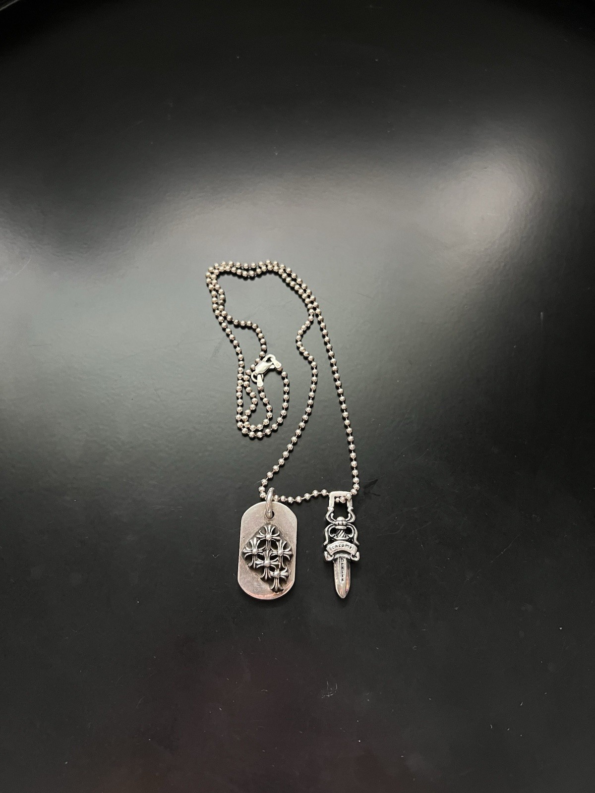 Chrome Hearts Cemetery Dog tag and Dagger Necklace Stack