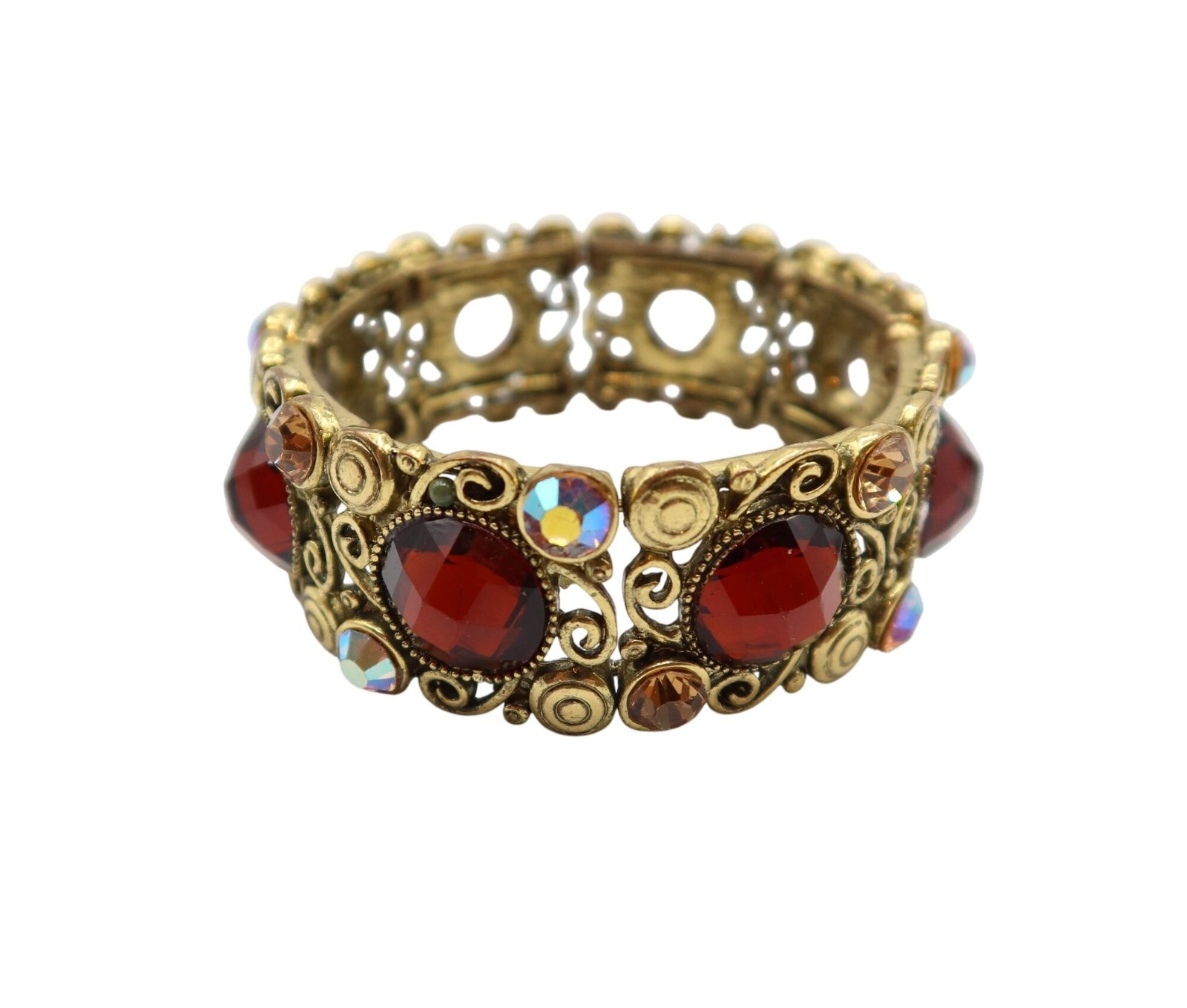 Gold Tone Bracelet With Red Faceted & Aurora Borealis Rhinestones