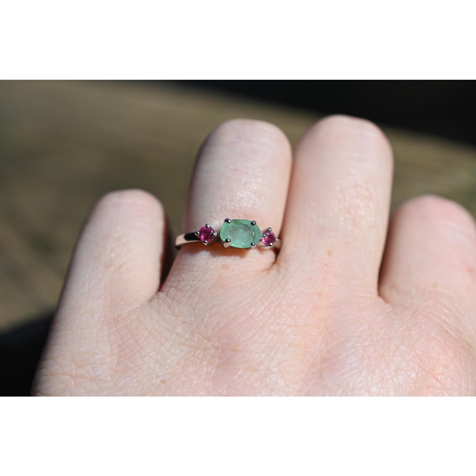 Emerald and ruby engagement ring size 7 in 925 sterling silver