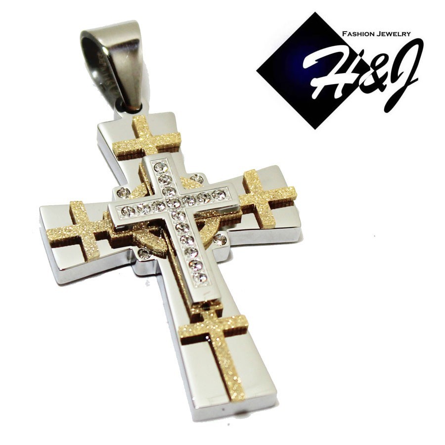 24″MEN Stainless Steel 4mm Silver/Gold Plated Box Link Chain CZ Cross Pendant*S7