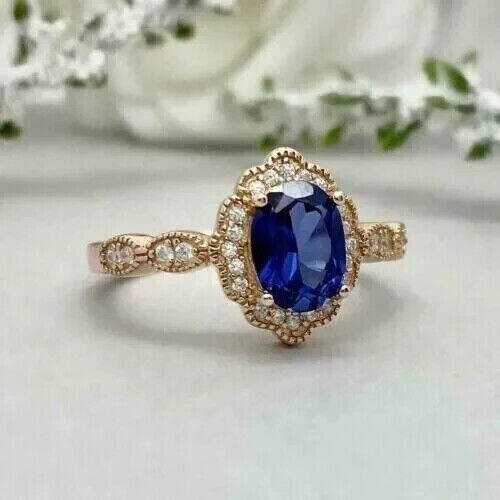 2Ct Oval Cut Simulated Blue Sapphire Halo Engagement Ring 14K Rose Gold Plated