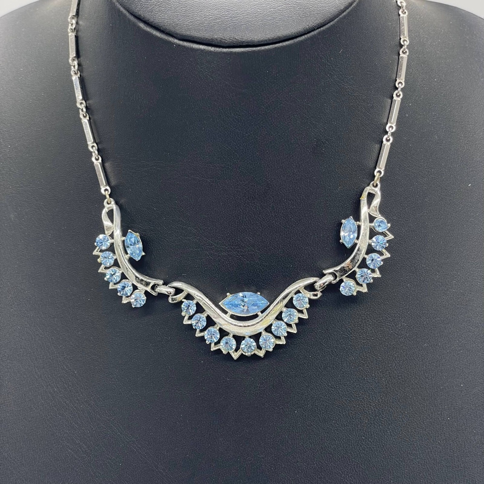 Blue Rhinestone Crystal Chain Necklace 14 to 17 Inches Hook Closure Silver Tone