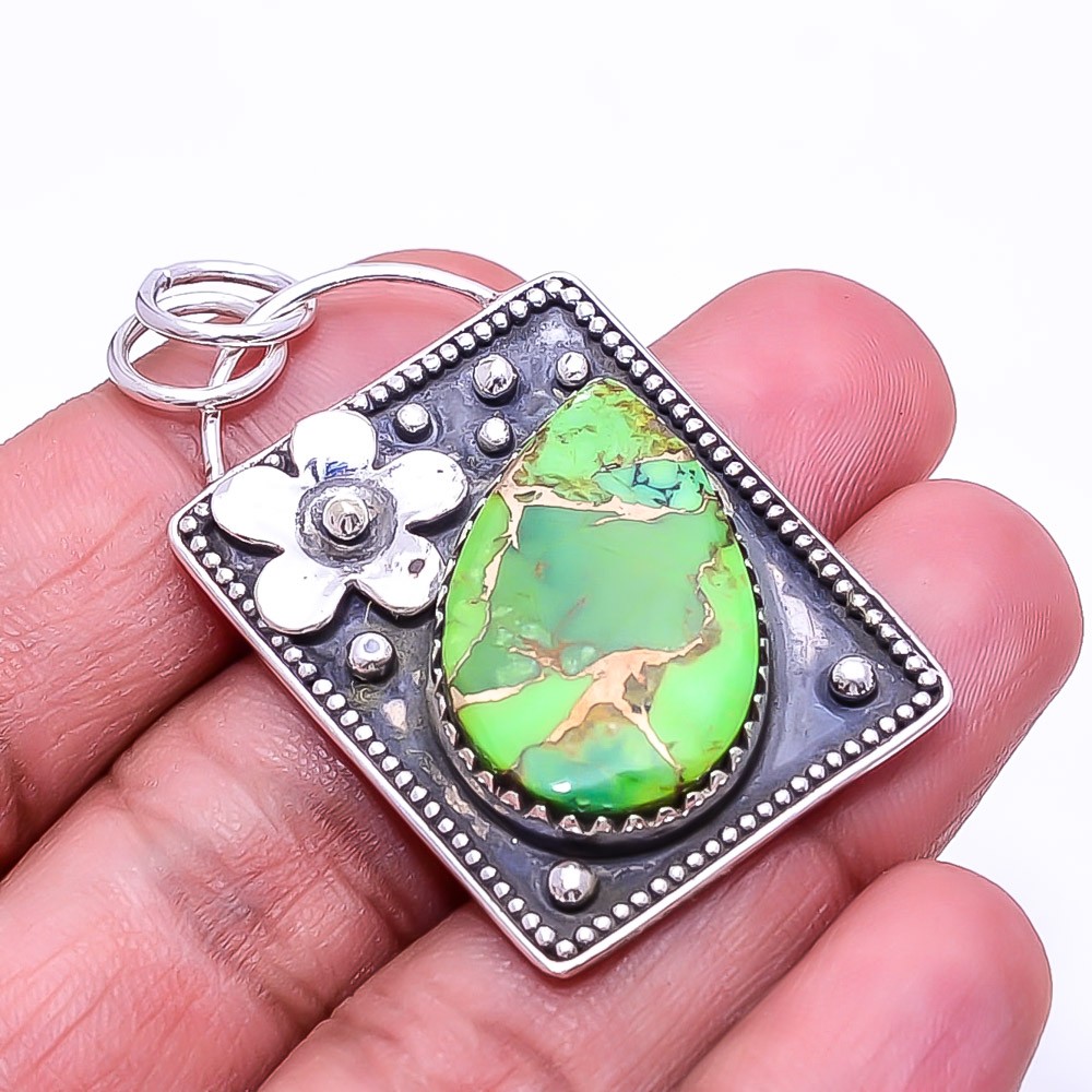 Copper Green Turquoise Oxidised Designer 925 Sterling Silver Pendant 1.76″ P19
