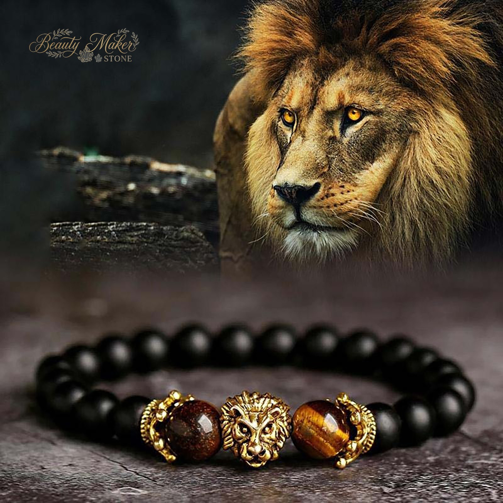 Lion Charm Bracelet Tiger Eye Bead Wristband Wisdom Strength Jewelry Gift Him