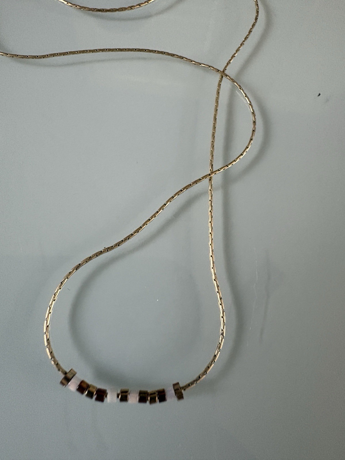 Vintage 1/20 12K Gold Filled Dainty Tube Chain Necklace White Gold Beads 16”