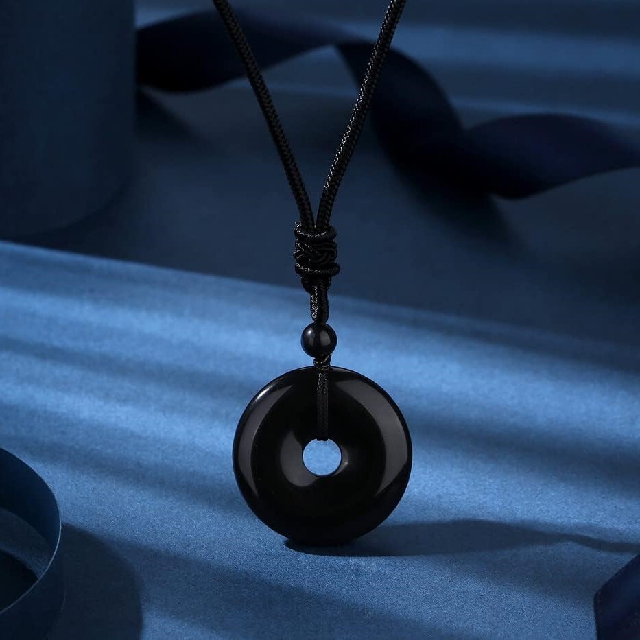 Natural Black Obsidian Circle Pendant Black Gemstone Necklace Amulet Handmade